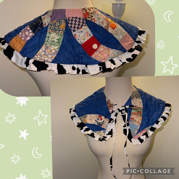 Psychic Outlaw Patchwork Quilted Colorful Blue Cow Statement Ruffle Collar - Picture 1 of 7